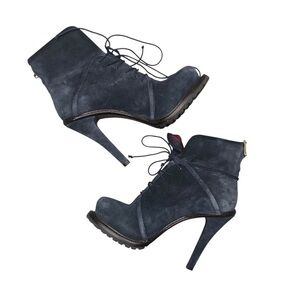 Elizabeth and James Blue Suede Lace Up Boots with Stiletto Heel and Navajo Print